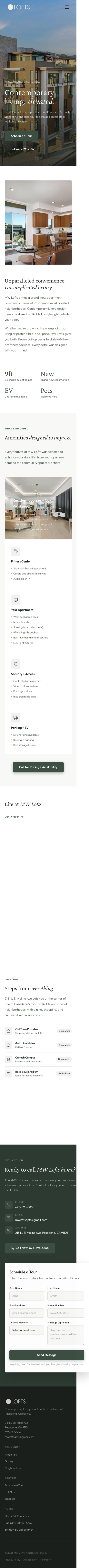MW Lofts website — mobile view